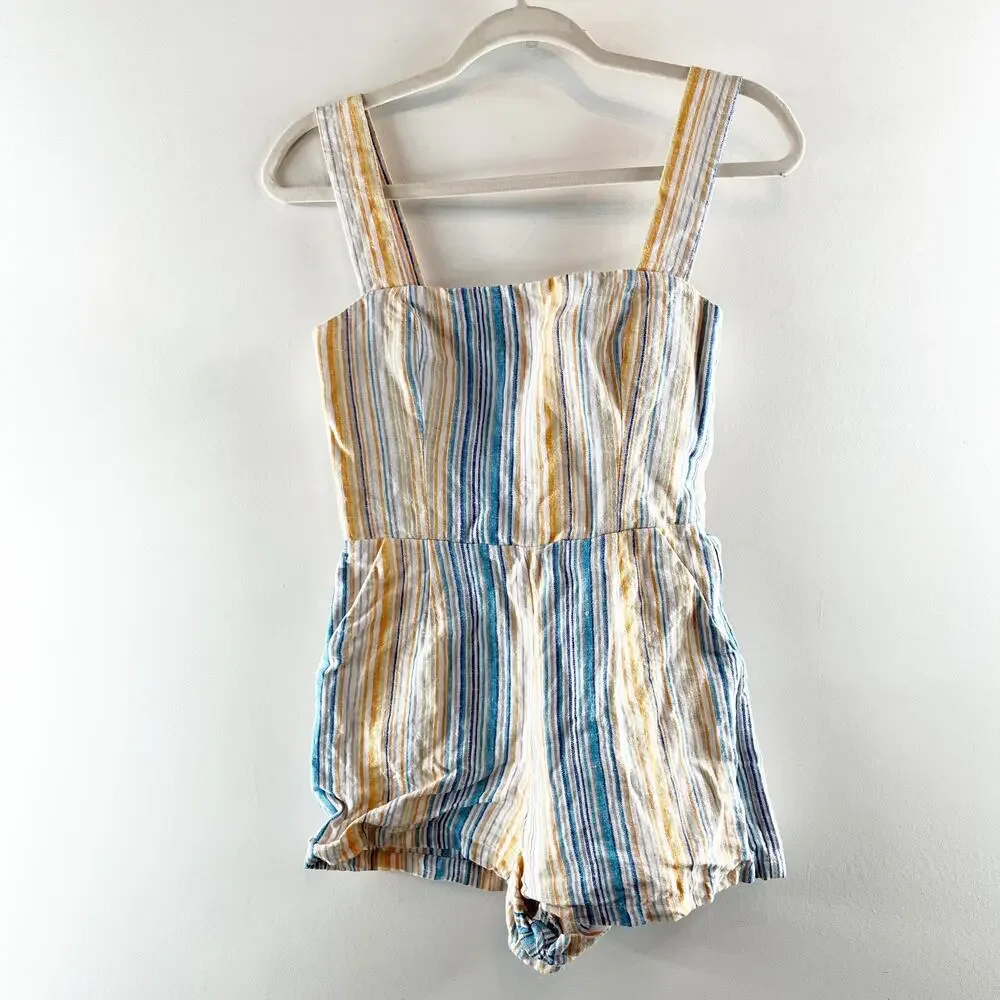 Reformation Island Linen Striped Shorts Romper in Marbella Orange Blue 2